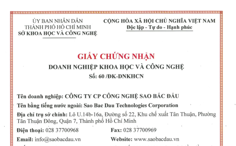 Sao Bắc Đẩu đạt chuẩn Doanh nghiệp Khoa học & Công nghệ