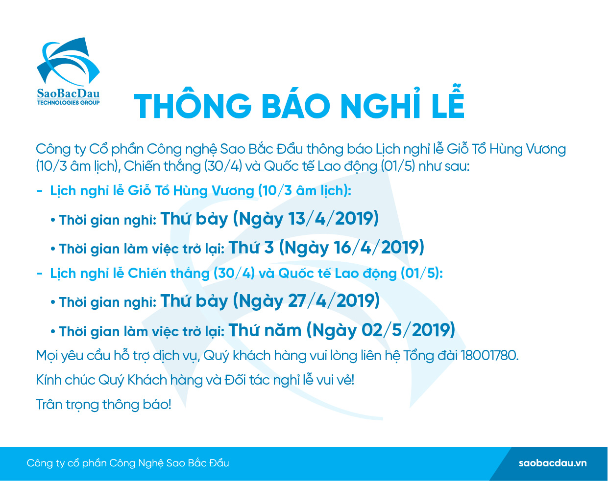 Thông báo Lịch nghỉ Lễ Giỗ Tổ Hùng Vương, Ngày Chiến thắng 30/4 và Quốc tế Lao động 01/5