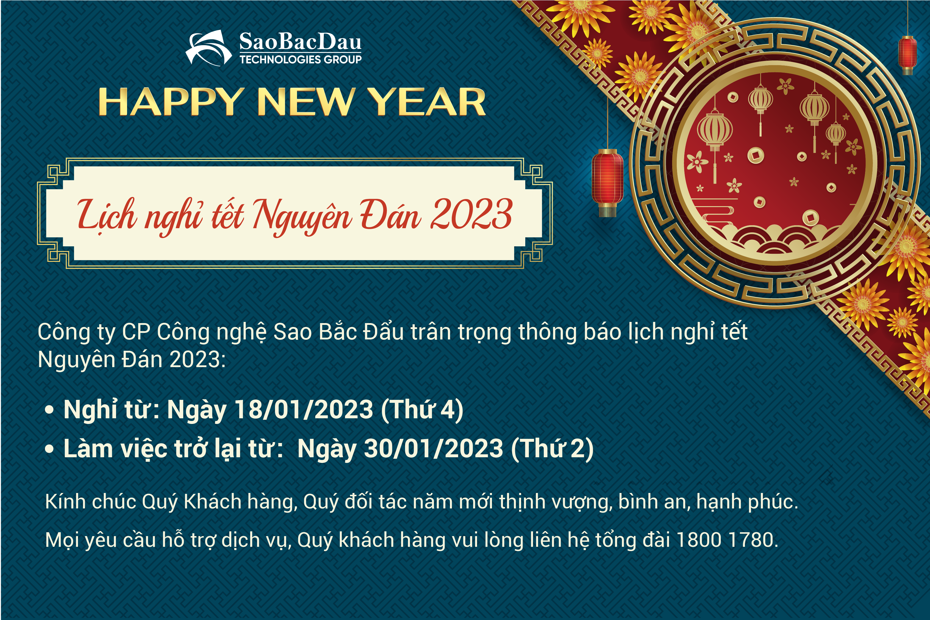 Thông Báo Lịch Nghỉ Tết Nguyên Đán Quý Mão 2023