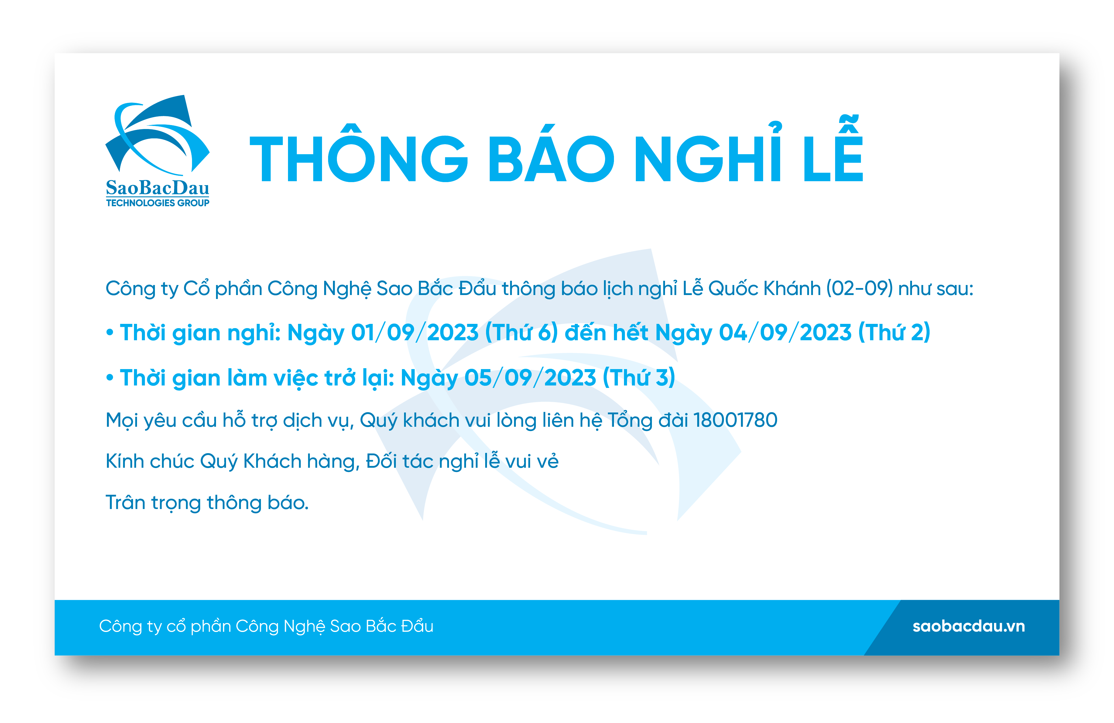 Thông báo nghỉ Quốc khánh 2/9