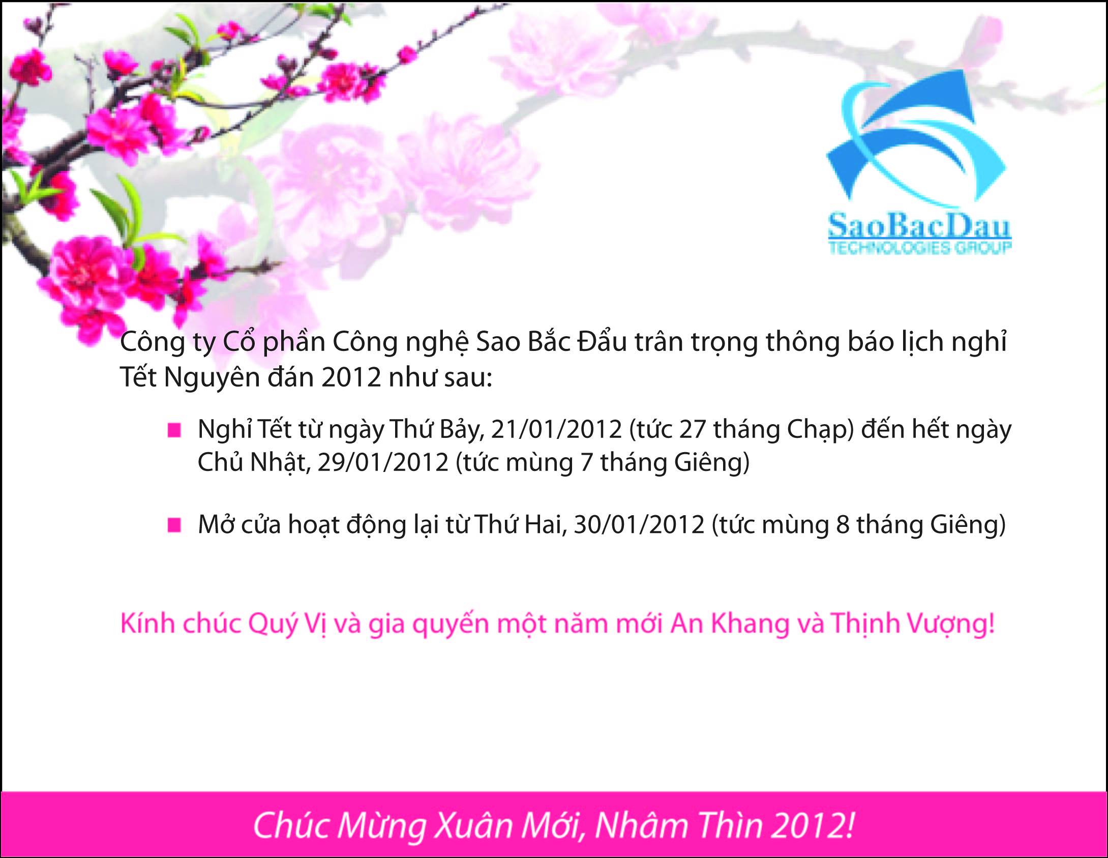 Sao Bắc Đẩu thông báo lịch nghỉ Tết Nguyên Đán 2012